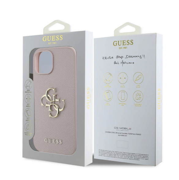 Guess PU Grained 4G metalllogofodral för iPhone 15 Rosa