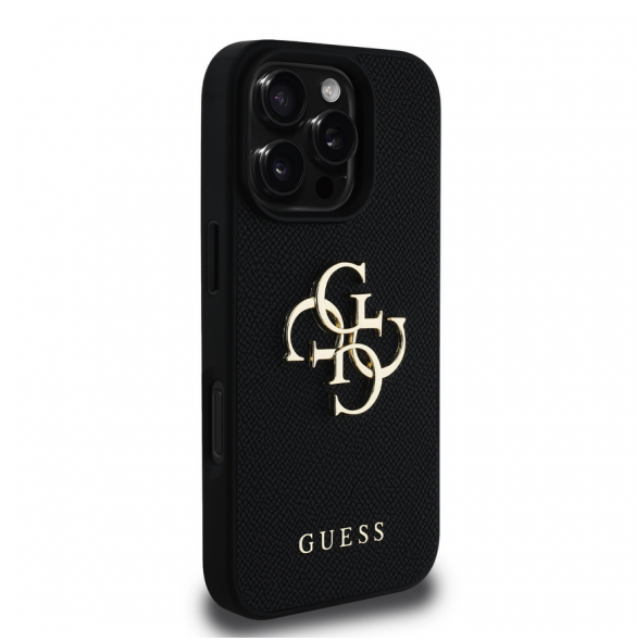 Guess PU Grained 4G metalllogofodral för iPhone 16 Pro Max Svart
