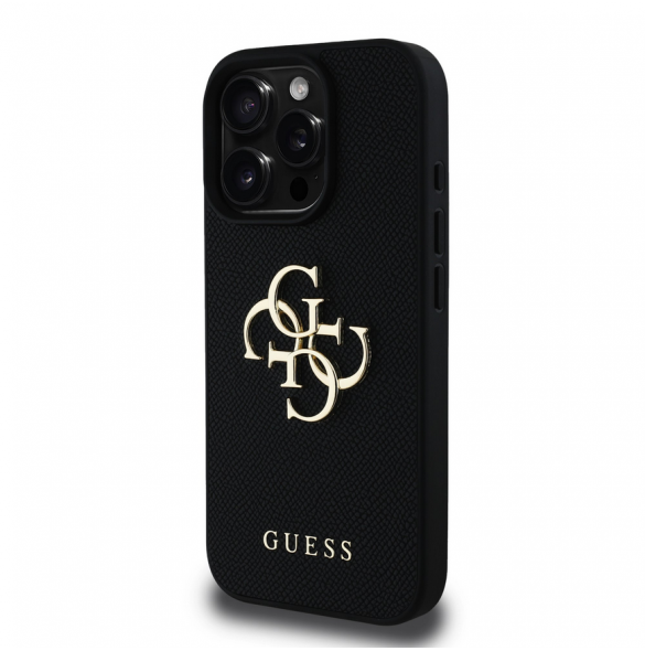 Guess PU Grained 4G metalllogofodral för iPhone 16 Pro Svart