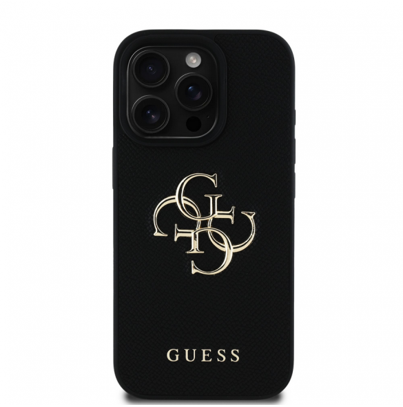 Guess PU Grained 4G metalllogofodral för iPhone 16 Pro Svart