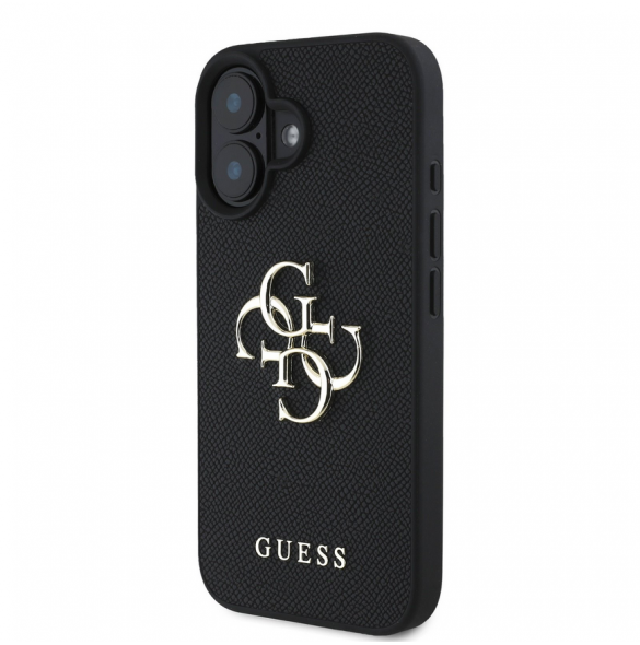 Guess PU Grained 4G metalllogofodral för iPhone 16 Svart
