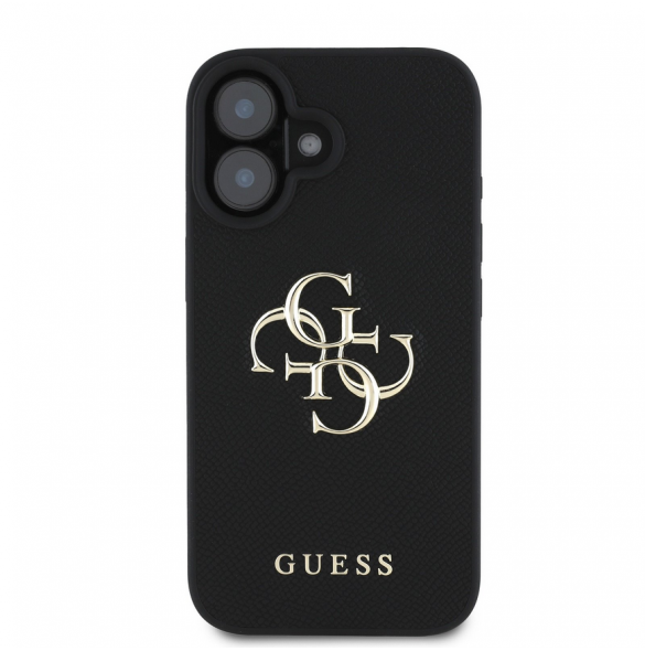 Guess PU Grained 4G metalllogofodral för iPhone 16 Svart