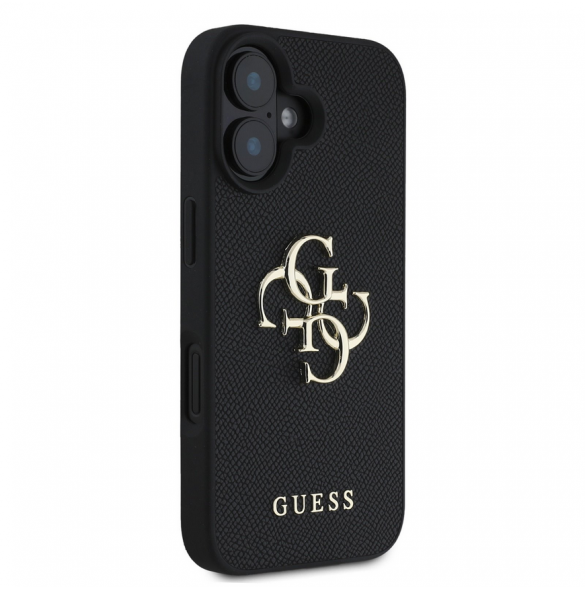 Guess PU Grained 4G metalllogofodral för iPhone 16 Svart