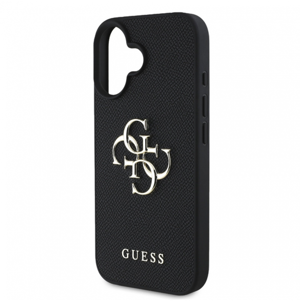 Guess PU Grained 4G metalllogofodral för iPhone 16 Svart