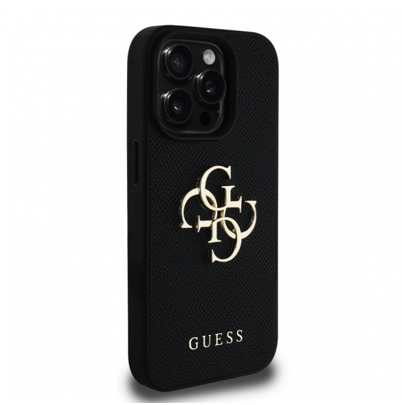 Guess PU Grained 4G metalllogofodral för iPhone 15 Pro Max Svart
