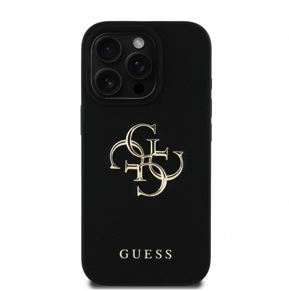 Guess PU Grained 4G metalllogofodral för iPhone 15 Pro Svart