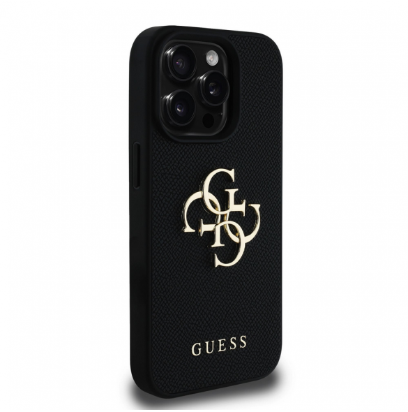 Guess PU Grained 4G metalllogofodral för iPhone 15 Pro Svart