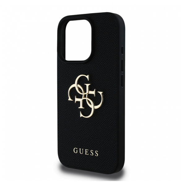 Guess PU Grained 4G metalllogofodral för iPhone 15 Pro Svart