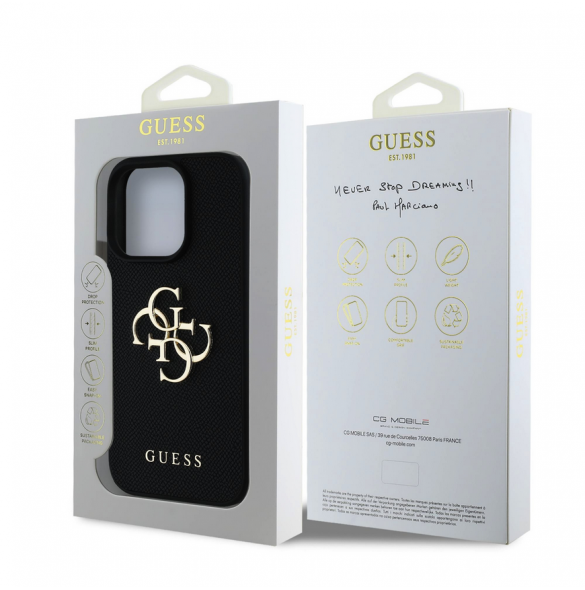 Guess PU Grained 4G metalllogofodral för iPhone 15 Pro Svart