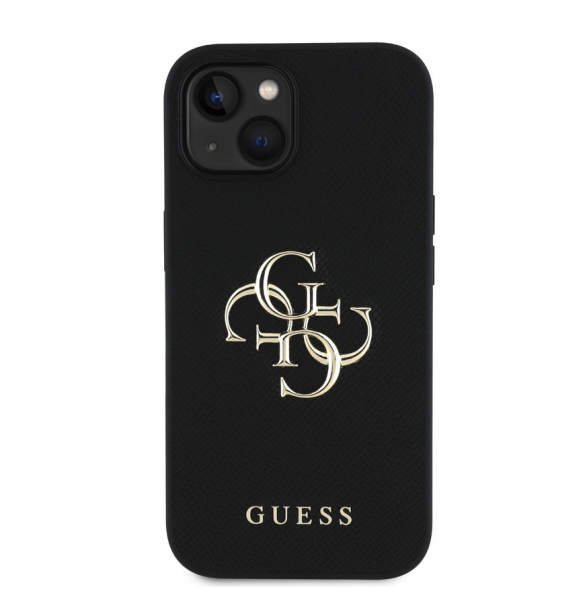 Guess PU Grained 4G metalllogofodral för iPhone 15 Svart