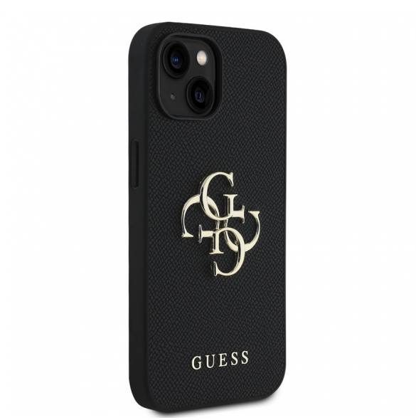 Guess PU Grained 4G metalllogofodral för iPhone 15 Svart
