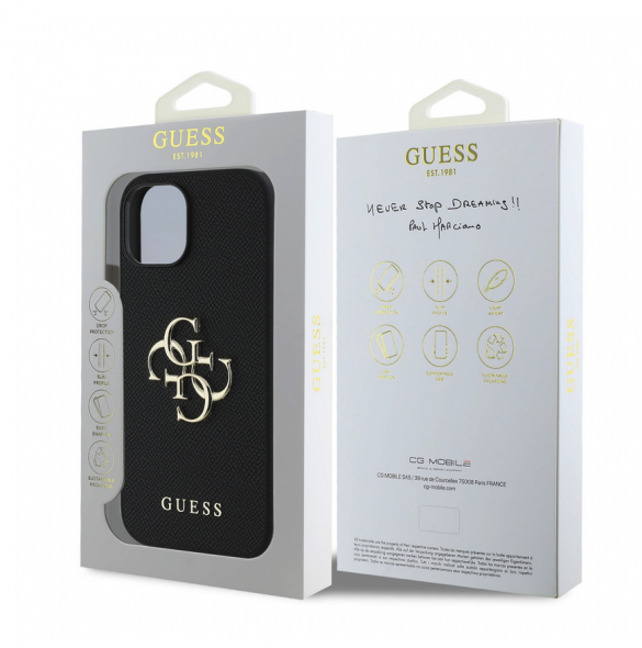 Guess PU Grained 4G metalllogofodral för iPhone 15 Svart