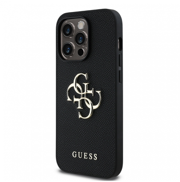 Guess PU Grained 4G metalllogofodral för iPhone 14 Pro Svart