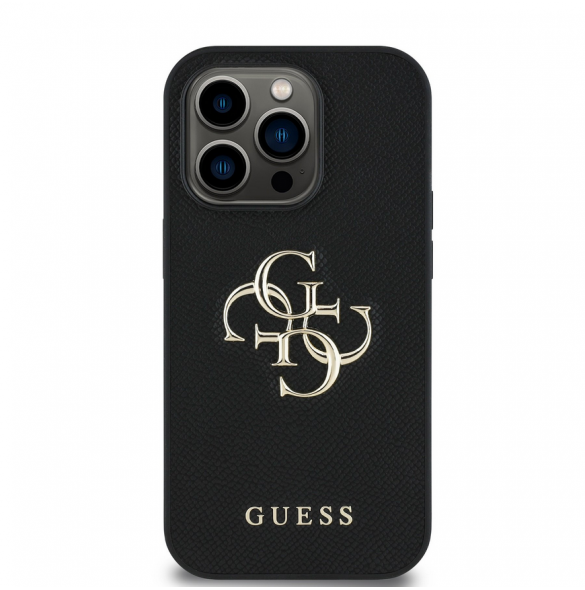 Guess PU Grained 4G metalllogofodral för iPhone 14 Pro Svart