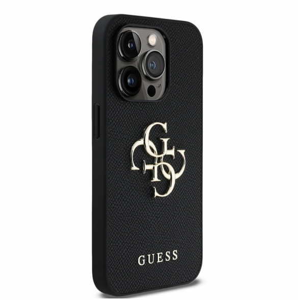Guess PU Grained 4G metalllogofodral för iPhone 14 Pro Svart