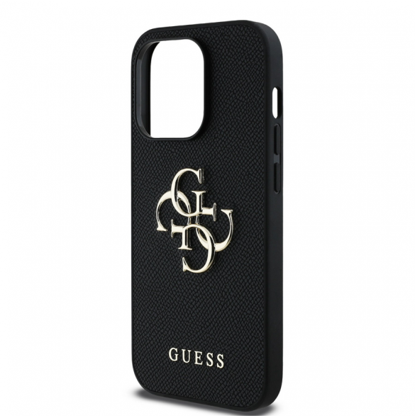 Guess PU Grained 4G metalllogofodral för iPhone 14 Pro Svart
