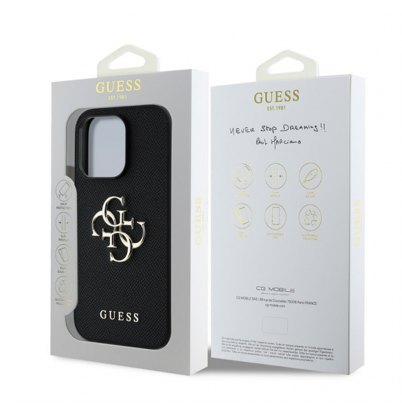Guess PU Grained 4G metalllogofodral för iPhone 14 Pro Svart