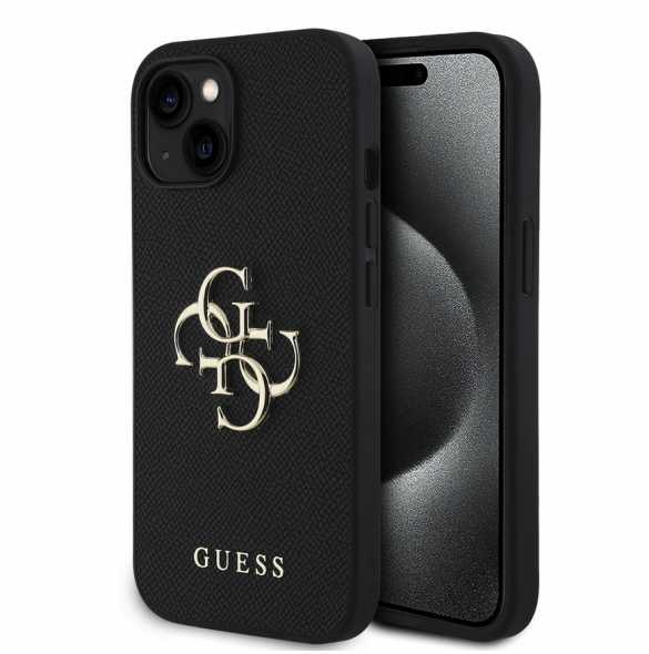 Guess PU Grained 4G metalllogofodral för iPhone 14 Svart