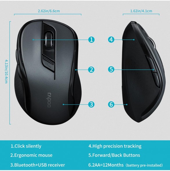 Rapoo M500 Tyst Trådlös Optisk Mus med Multilägesanslutning 2, 4 GHz och Bluetooth Svart