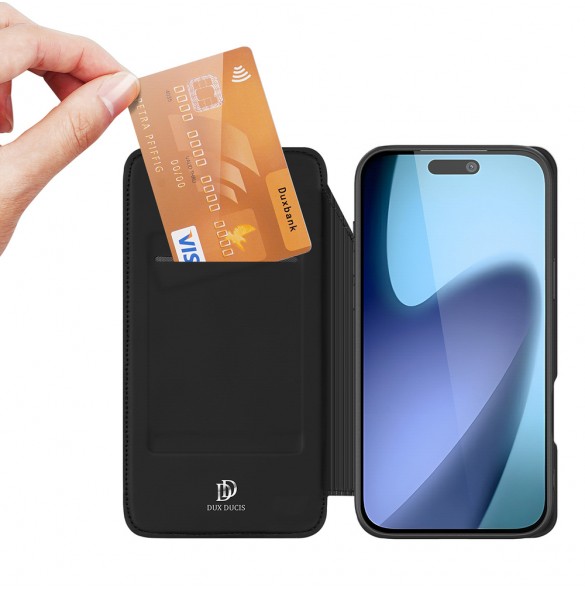Dux Ducis Skin Pro-skal till iPhone 17 Pro med fällbart skydd och kortfack – svart