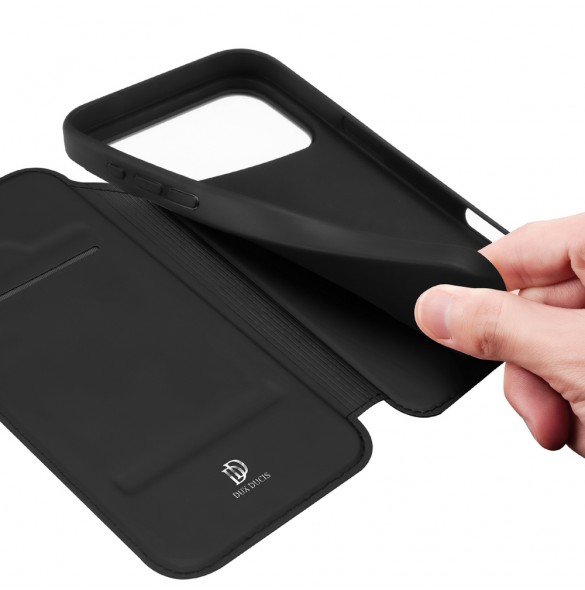 Dux Ducis Skin Pro-skal till iPhone 17 Pro med fällbart skydd och kortfack – svart