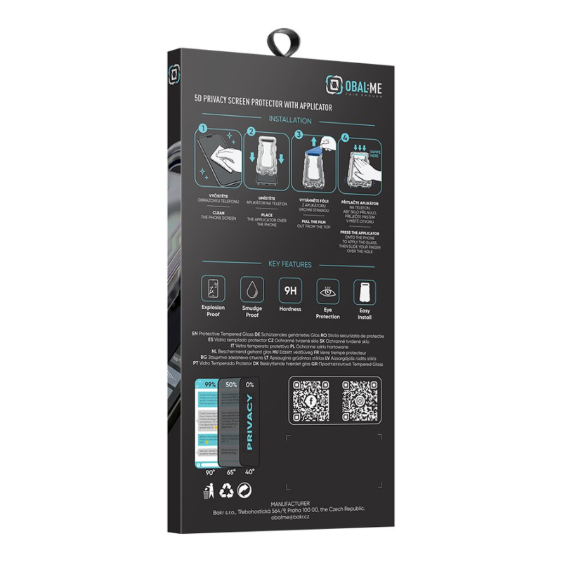 OBAL:ME Privacy 5D Glass Screen Protector with Applicator for Apple iPhone 18 Pro Black