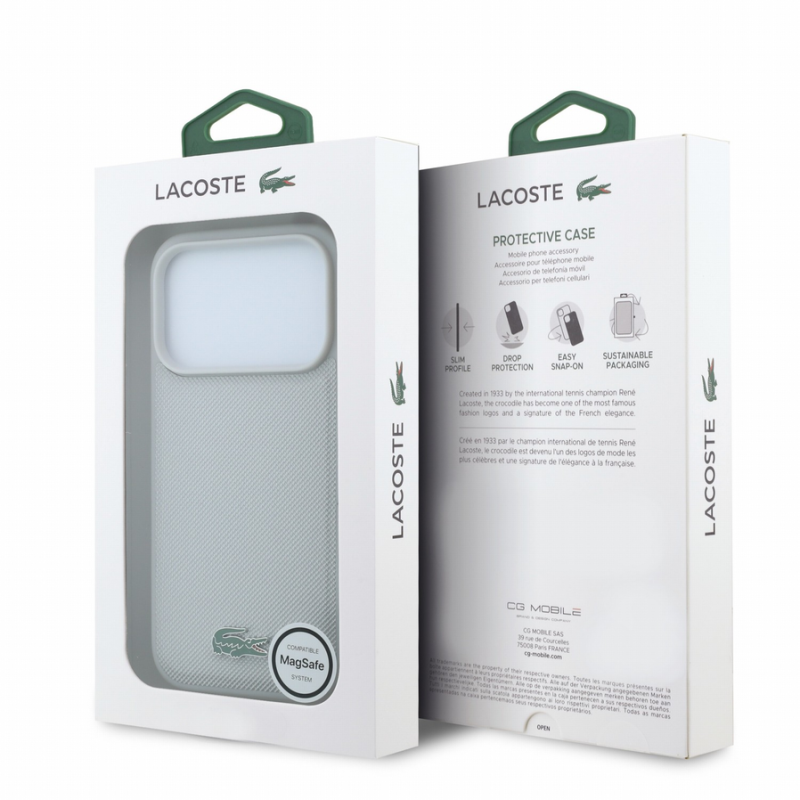Lacoste PVC Iconic Petit Pique Metal Logo MagSafe Case for iPhone 18 Pro Light Grey