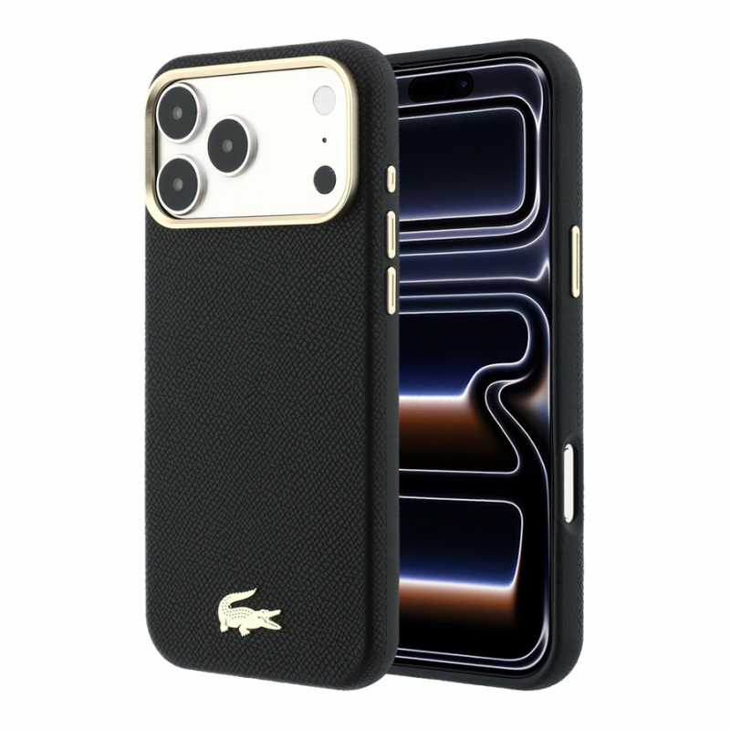 Lacoste PU Leather Champs Elysees Gold Logo MagSafe Case for iPhone 18 Pro Black