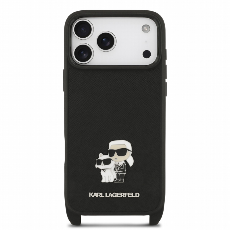 Karl Lagerfeld Saffiano Crossbody Strap Metal Karl and Choupette Case for iPhone 18 Pro Max Black