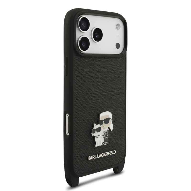 Karl Lagerfeld Saffiano Crossbody Strap Metal Karl and Choupette Case for iPhone 18 Pro Max Black