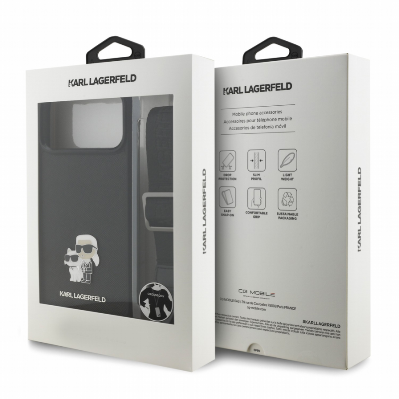 Karl Lagerfeld Saffiano Crossbody Strap Metal Karl and Choupette Case for iPhone 18 Pro Max Black