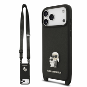 Karl Lagerfeld Saffiano Crossbody Strap Metal Karl and Choupette Case for iPhone 18 Pro Black