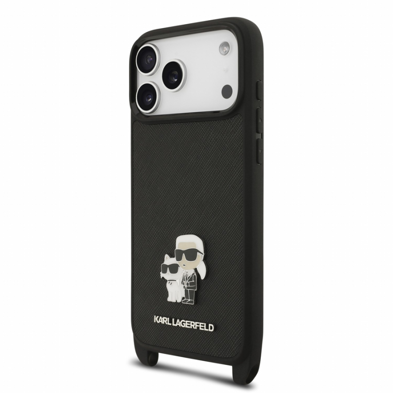 Karl Lagerfeld Saffiano Crossbody Strap Metal Karl and Choupette Case for iPhone 18 Pro Black