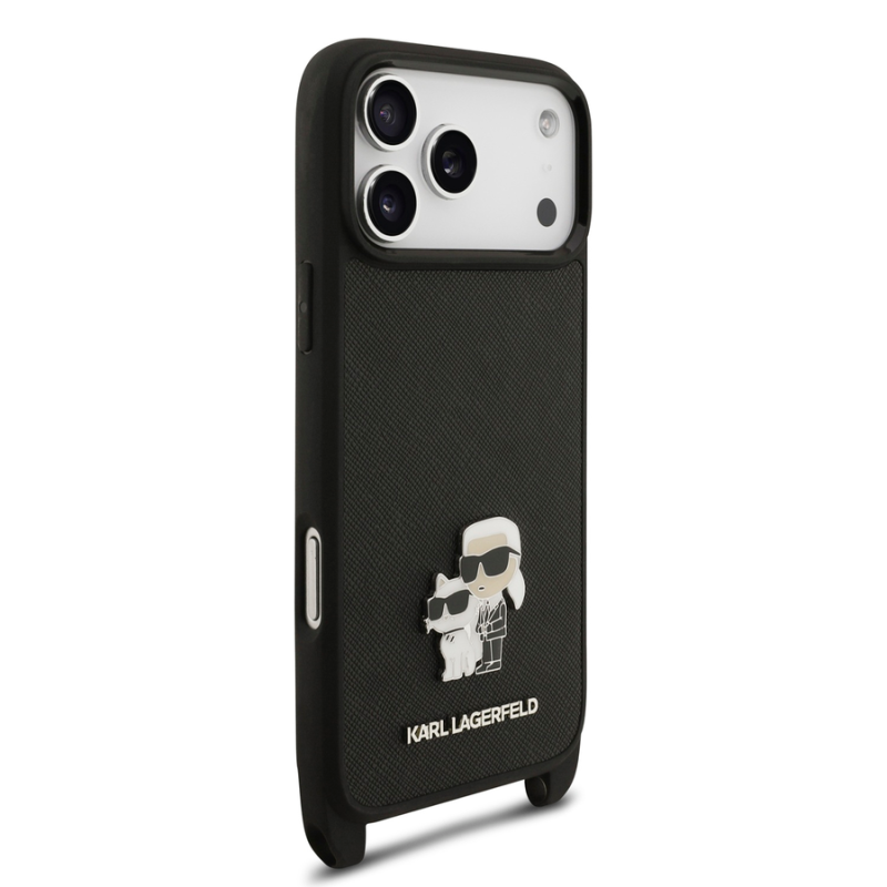 Karl Lagerfeld Saffiano Crossbody Strap Metal Karl and Choupette Case for iPhone 18 Pro Black