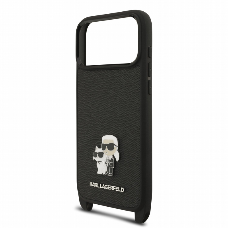Karl Lagerfeld Saffiano Crossbody Strap Metal Karl and Choupette Case for iPhone 18 Pro Black