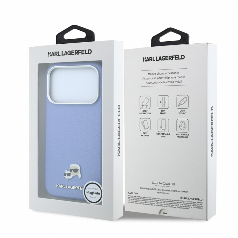 Karl Lagerfeld PU Grained Semi Wrap K&CH Heads Magsafe Case for iPhone 18 Pro Blue