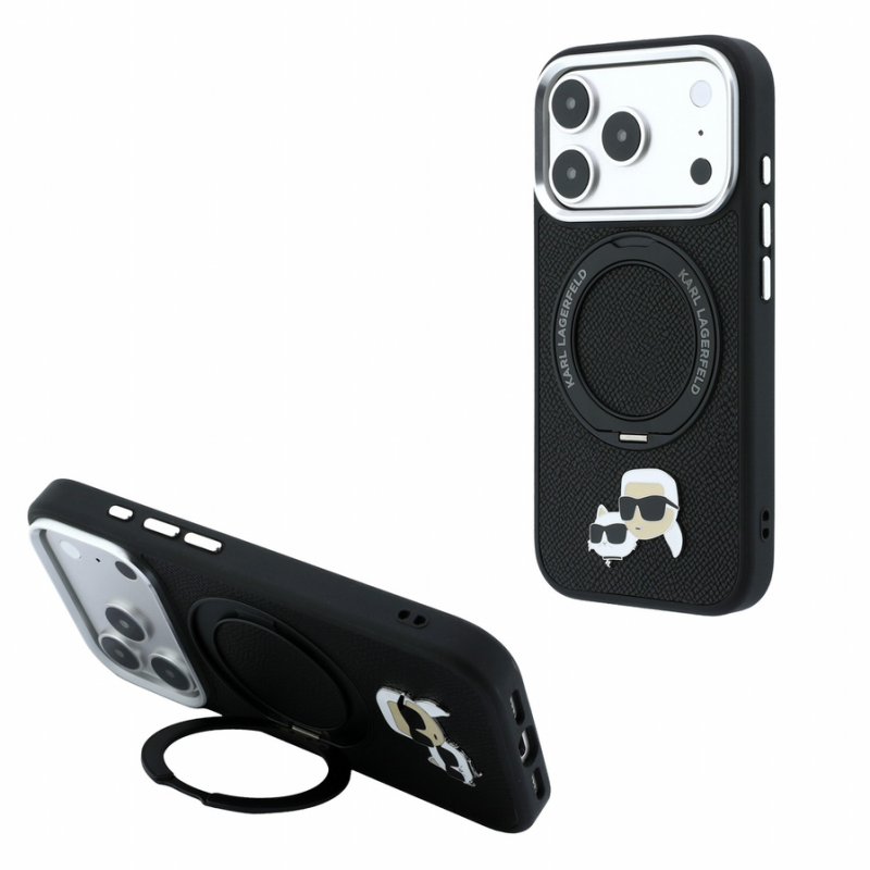 Karl Lagerfeld PU Grained K&CH Heads Ring Stand Magsafe Case for iPhone 18 Pro Max Black