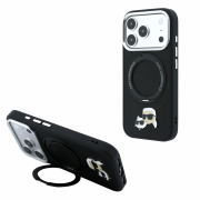 Karl Lagerfeld PU Grained K&CH Heads Ring Stand Magsafe Case for iPhone 18 Pro Max Black