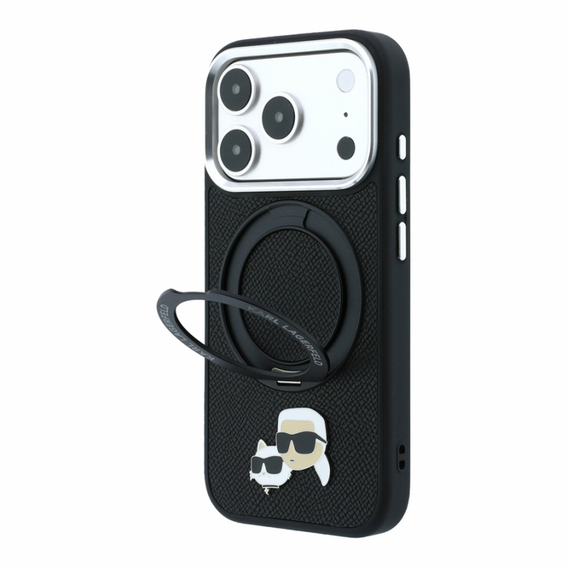 Karl Lagerfeld PU Grained K&CH Heads Ring Stand Magsafe Case for iPhone 18 Pro Max Black