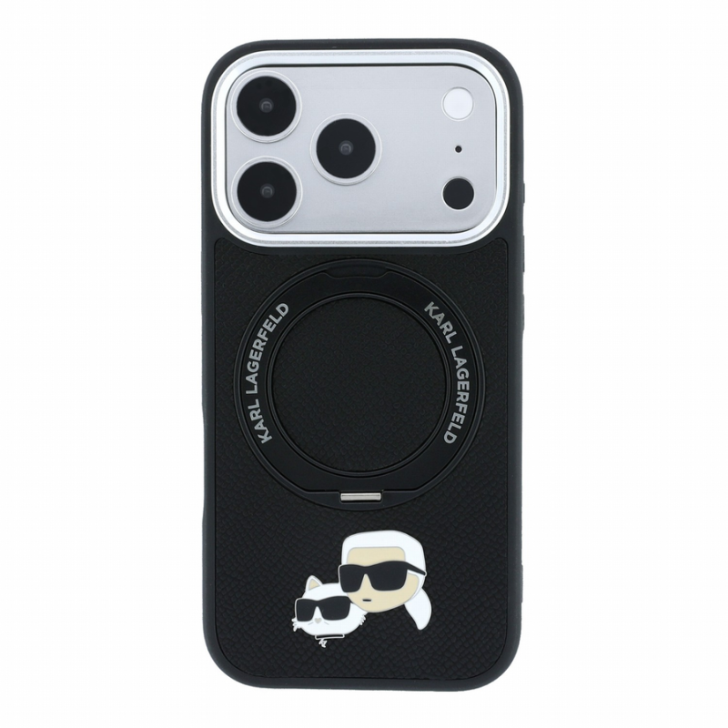 Karl Lagerfeld PU Grained K&CH Heads Ring Stand Magsafe Case for iPhone 18 Pro Max Black