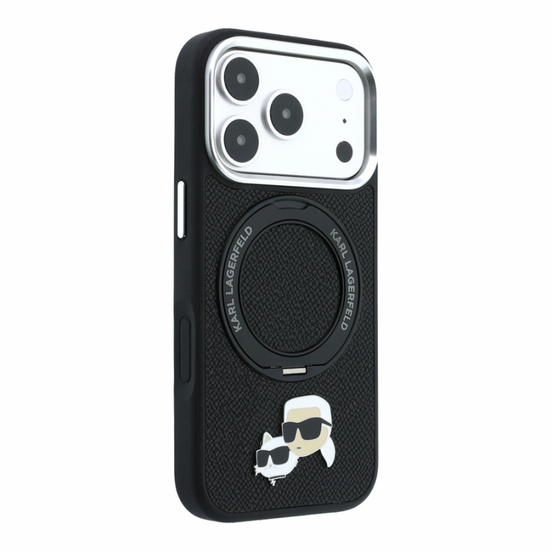 Karl Lagerfeld PU Grained K&CH Heads Ring Stand Magsafe Case for iPhone 18 Pro Max Black