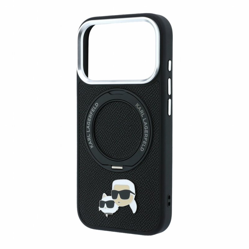 Karl Lagerfeld PU Grained K&CH Heads Ring Stand Magsafe Case for iPhone 18 Pro Max Black