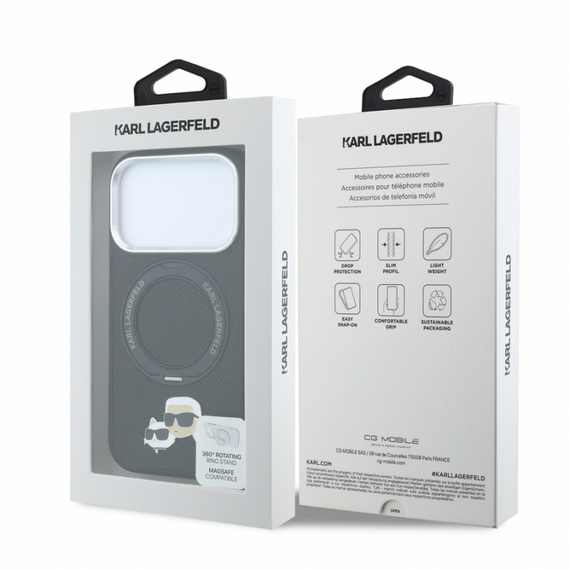 Karl Lagerfeld PU Grained K&CH Heads Ring Stand Magsafe Case for iPhone 18 Pro Max Black