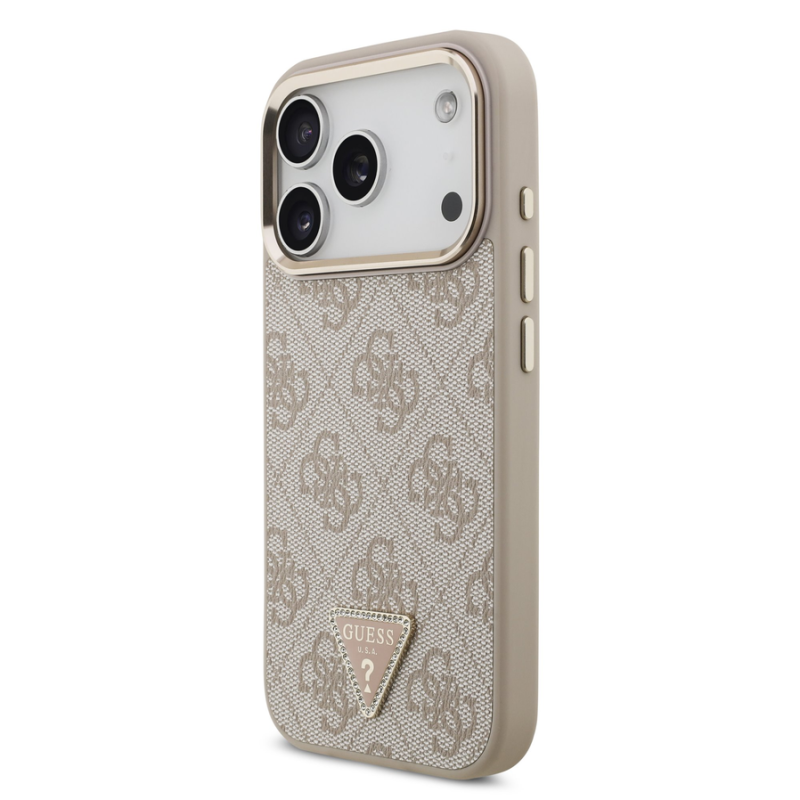 Guess PU Leather 4G Strass Triangle Logo Gold Frame MagSafe Case for iPhone 18 Pro Pink