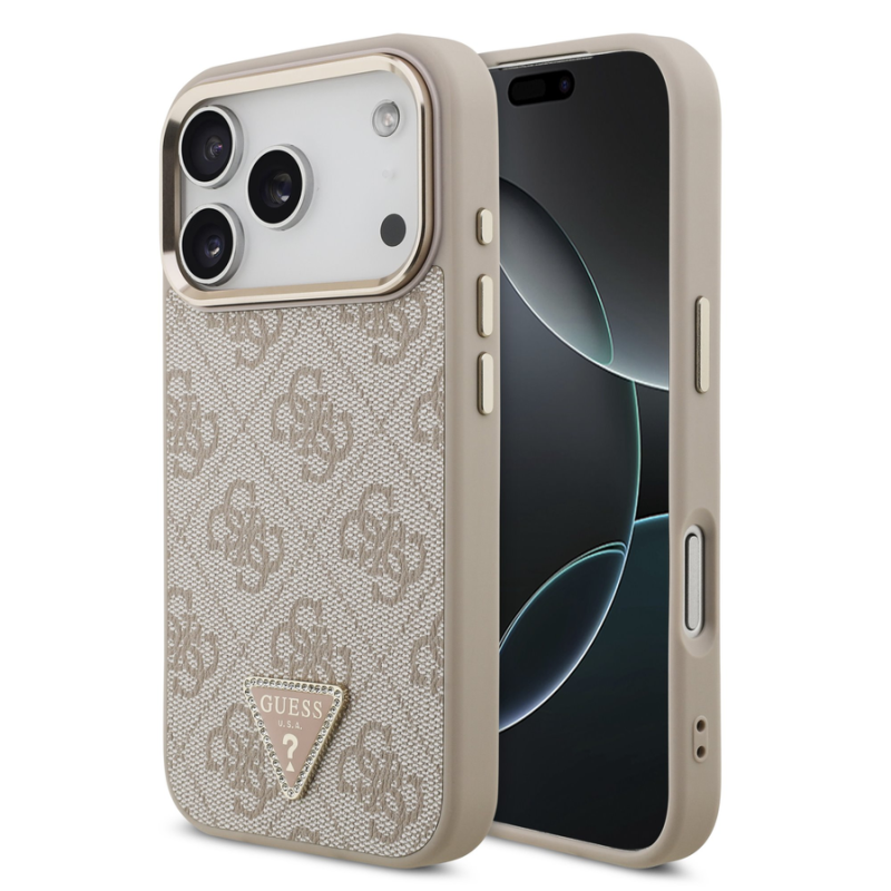 Guess PU Leather 4G Strass Triangle Logo Gold Frame MagSafe Case for iPhone 18 Pro Pink
