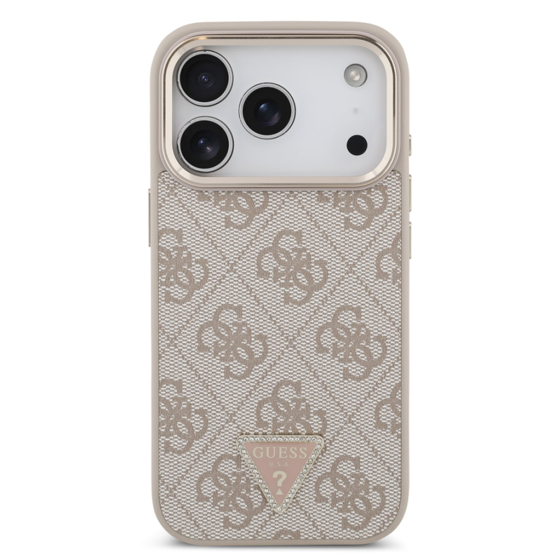 Guess PU Leather 4G Strass Triangle Logo Gold Frame MagSafe Case for iPhone 18 Pro Pink