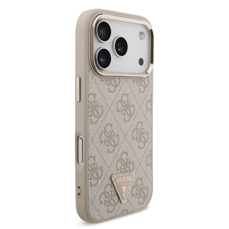 Guess PU Leather 4G Strass Triangle Logo Gold Frame MagSafe Case for iPhone 18 Pro Pink