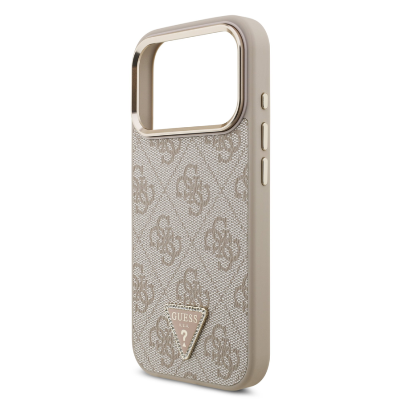 Guess PU Leather 4G Strass Triangle Logo Gold Frame MagSafe Case for iPhone 18 Pro Pink