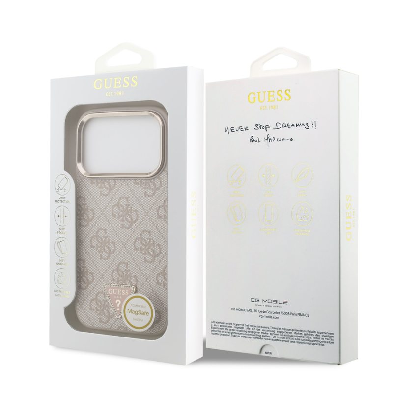 Guess PU Leather 4G Strass Triangle Logo Gold Frame MagSafe Case for iPhone 18 Pro Pink