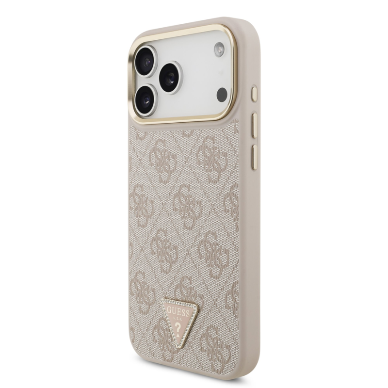 Guess PU Leather 4G Strass Triangle Logo Gold Frame MagSafe Case for iPhone 18 Pro Max Pink